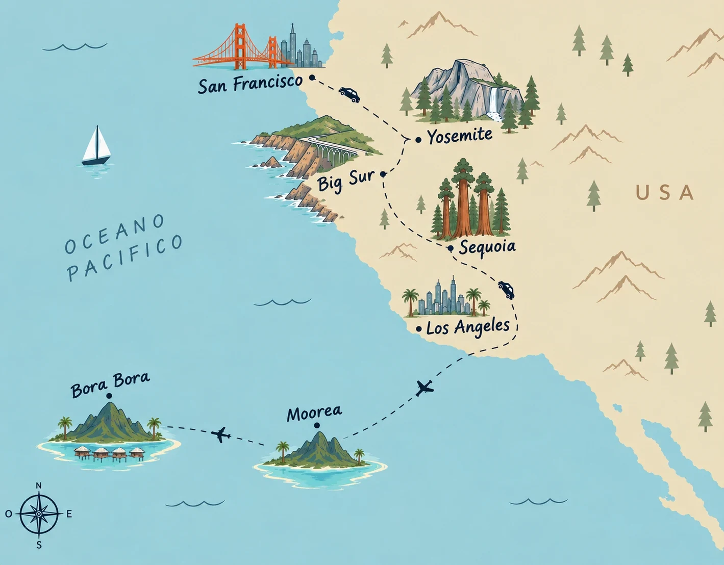Cartina illustrata del viaggio: da San Francisco lungo la California fino a Los Angeles passando da Big Sur, Yosemite e Sequoia, poi in aereo a Moorea e Bora Bora nella Polinesia Francese.